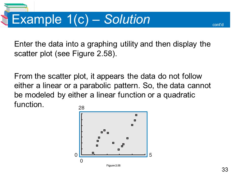 33 Example 1(c) – Solution Enter the data into a graphing utility and then display the scatter plot (see Figure 2.58).