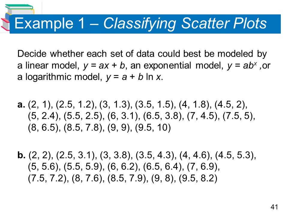 41 Example 1 – Classifying Scatter Plots Decide whether each set of data could best be modeled by a linear model, y = ax + b, an exponential model, y = ab x,or a logarithmic model, y = a + b ln x.