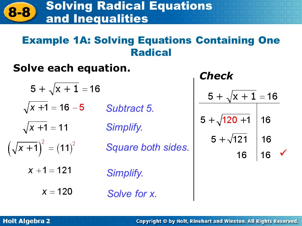Radical Equation Calculator With Variables Talkchannels Holt Algebra Solving Radical Equations And Inequalities Solve
