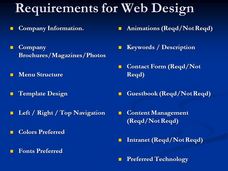 Requirements for Web Design Company Information. Company Information.