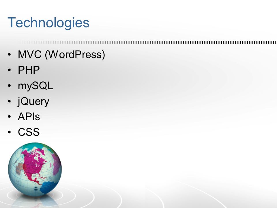 Technologies MVC (WordPress) PHP mySQL jQuery APIs CSS