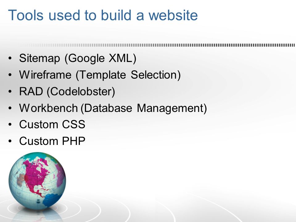 Tools used to build a website Sitemap (Google XML) Wireframe (Template Selection) RAD (Codelobster) Workbench (Database Management) Custom CSS Custom PHP