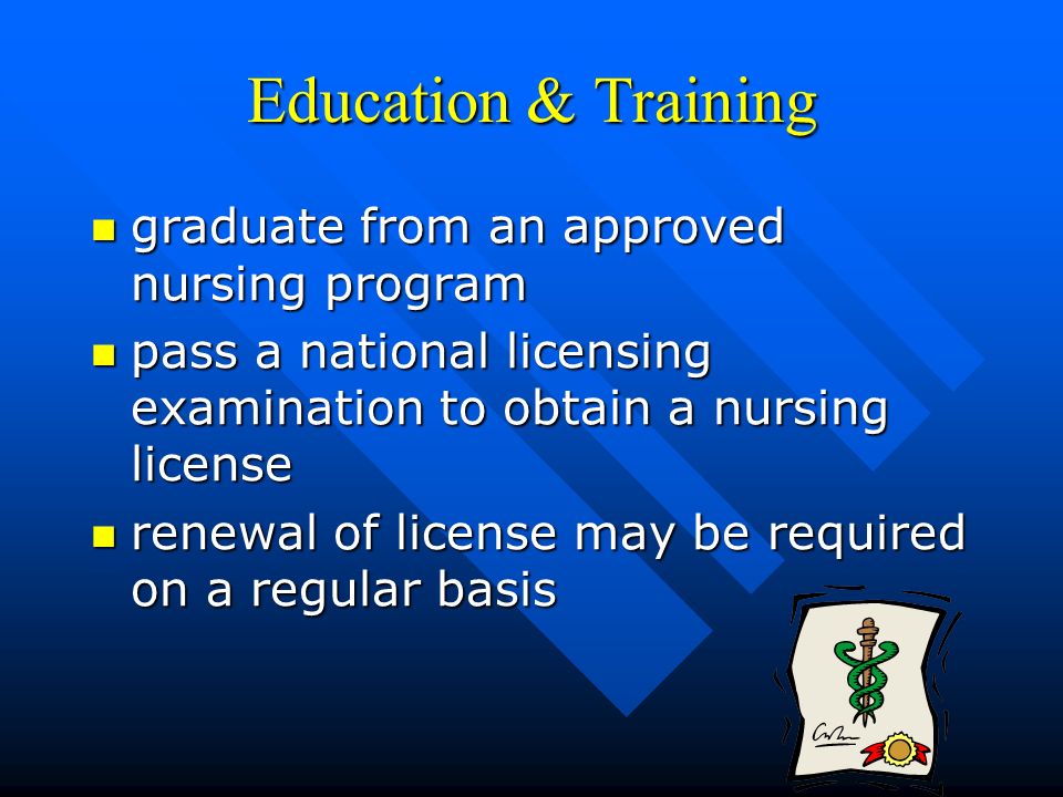 Education & Training graduate from an approved nursing program graduate from an approved nursing program pass a national licensing examination to obtain a nursing license pass a national licensing examination to obtain a nursing license renewal of license may be required on a regular basis renewal of license may be required on a regular basis