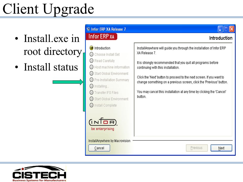 Client Upgrade Install.exe in root directory Install status