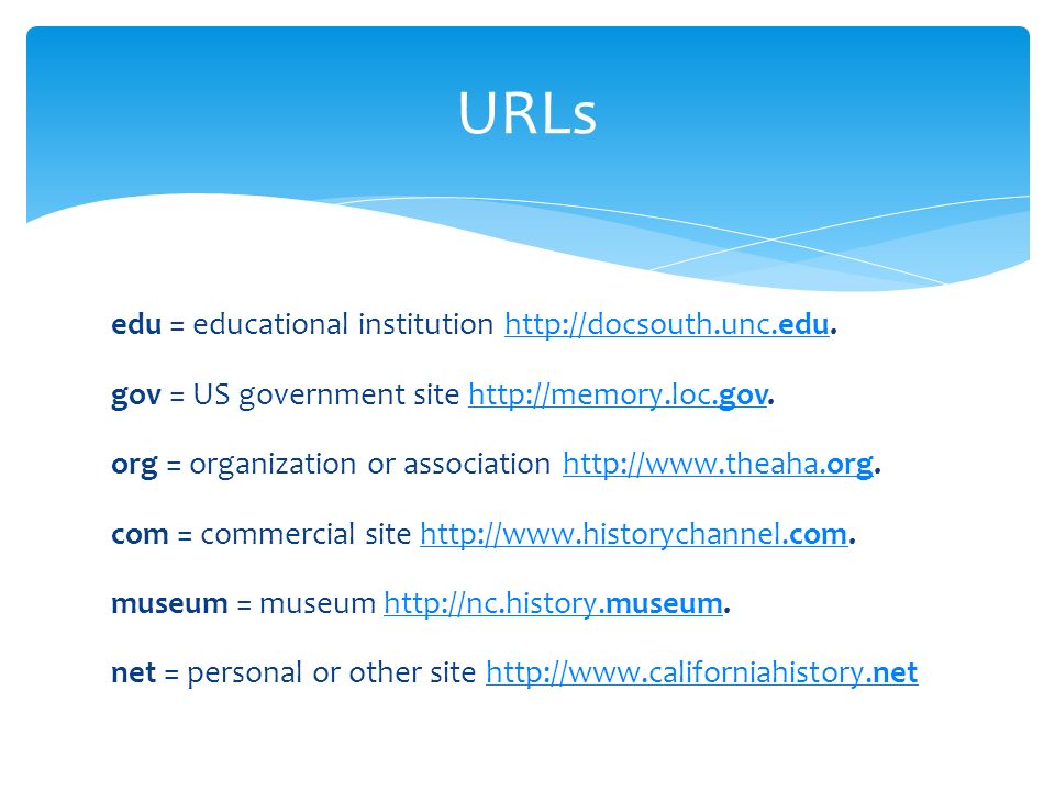 edu = educational institution   gov = US government site   org = organization or association   com = commercial site   museum = museum   net = personal or other site   URLs