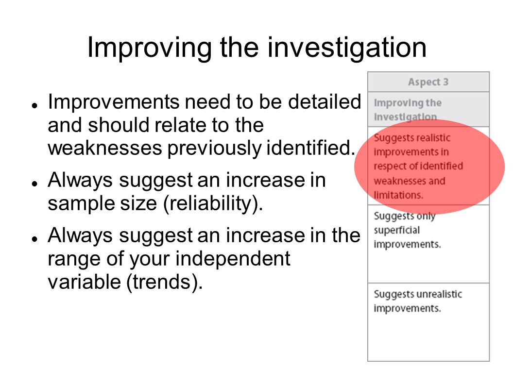 Improving the investigation Improvements need to be detailed and should relate to the weaknesses previously identified.