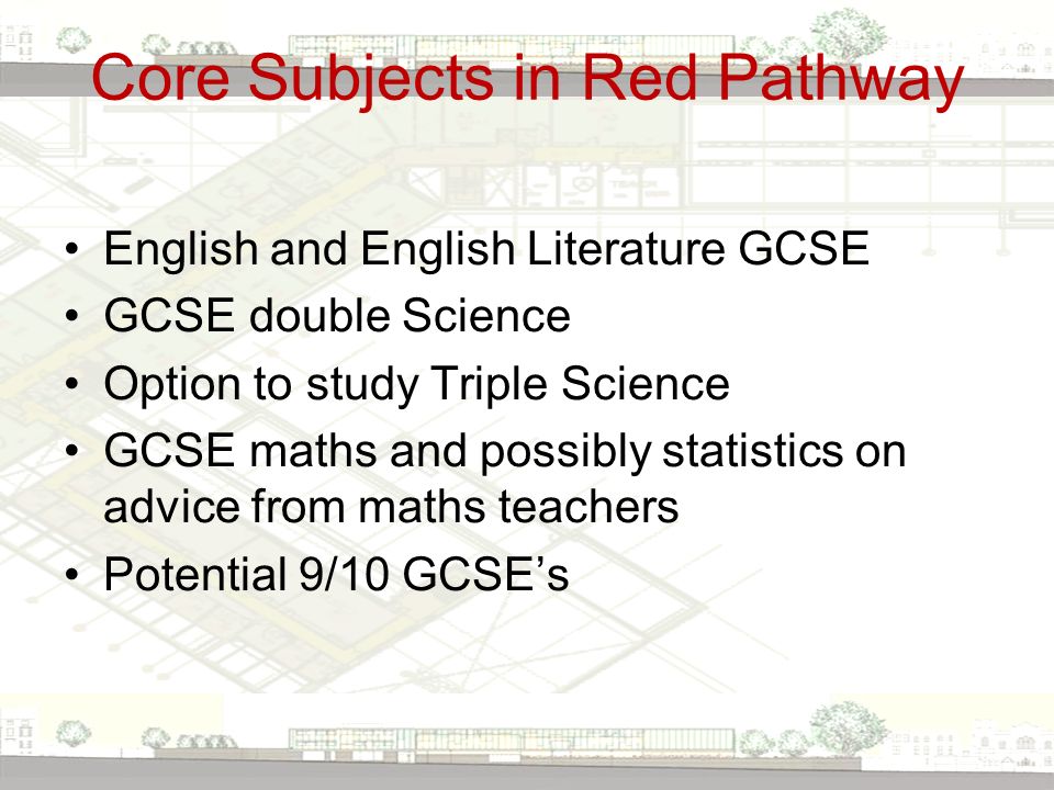Core Subjects in Red Pathway English and English Literature GCSE GCSE double Science Option to study Triple Science GCSE maths and possibly statistics on advice from maths teachers Potential 9/10 GCSE’s