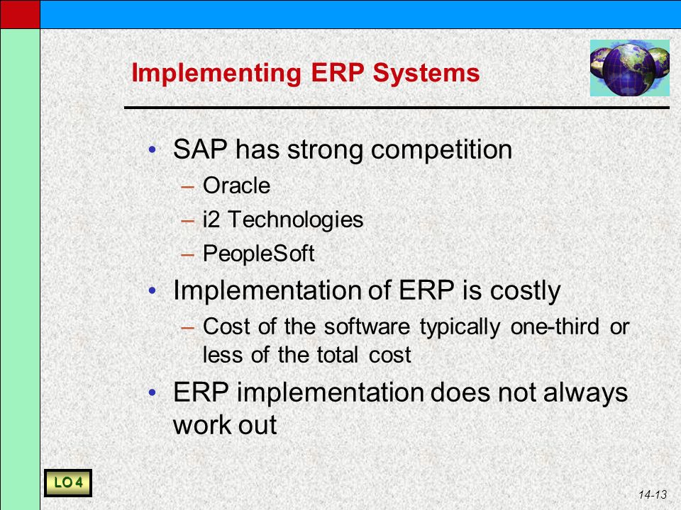 14-13 Implementing ERP Systems SAP has strong competition –Oracle –i2 Technologies –PeopleSoft Implementation of ERP is costly –Cost of the software typically one-third or less of the total cost ERP implementation does not always work out LO 4