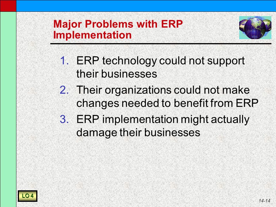 14-14 Major Problems with ERP Implementation 1.ERP technology could not support their businesses 2.Their organizations could not make changes needed to benefit from ERP 3.ERP implementation might actually damage their businesses LO 4