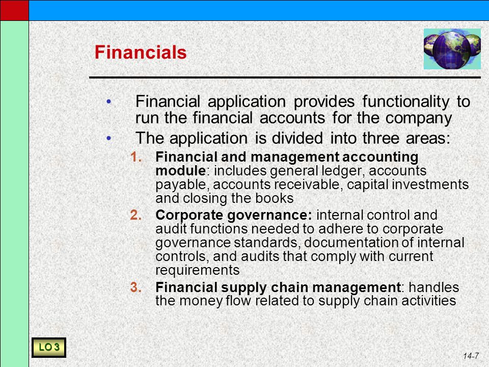 14-7 Financials Financial application provides functionality to run the financial accounts for the company The application is divided into three areas: 1.Financial and management accounting module: includes general ledger, accounts payable, accounts receivable, capital investments and closing the books 2.Corporate governance: internal control and audit functions needed to adhere to corporate governance standards, documentation of internal controls, and audits that comply with current requirements 3.Financial supply chain management: handles the money flow related to supply chain activities LO 3
