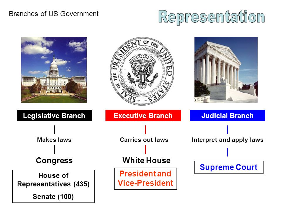 Legislative BranchExecutive BranchJudicial Branch Makes laws Congress House of Representatives (435) Senate (100) Carries out laws White House President and Vice-President Interpret and apply laws Supreme Court Branches of US Government