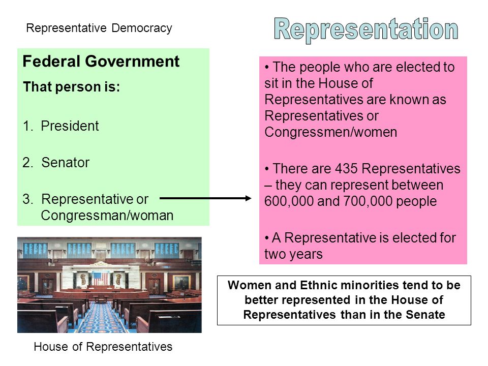 Representative Democracy Federal Government That person is: 1.President 2.