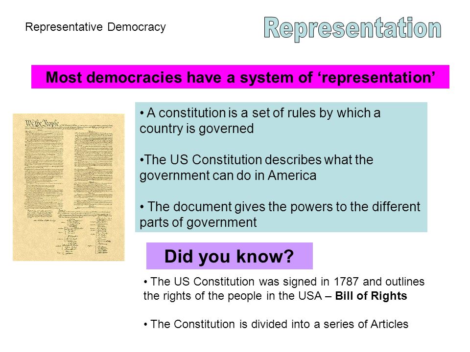 Most democracies have a system of ‘representation’ Representative Democracy A constitution is a set of rules by which a country is governed The US Constitution describes what the government can do in America The document gives the powers to the different parts of government The US Constitution was signed in 1787 and outlines the rights of the people in the USA – Bill of Rights The Constitution is divided into a series of Articles Did you know