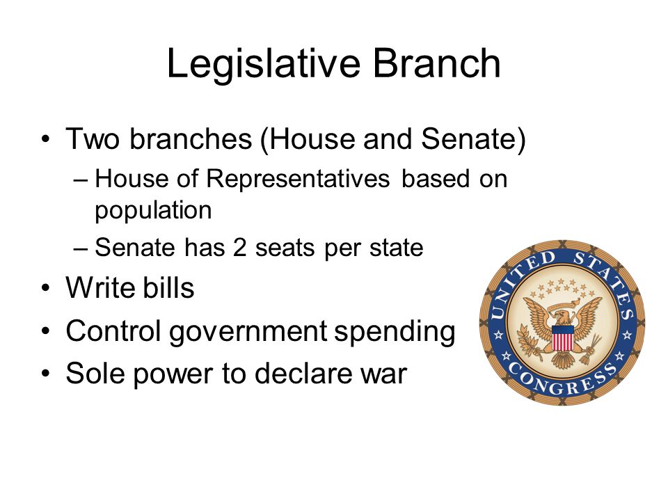 Legislative Branch Two branches (House and Senate) –House of Representatives based on population –Senate has 2 seats per state Write bills Control government spending Sole power to declare war