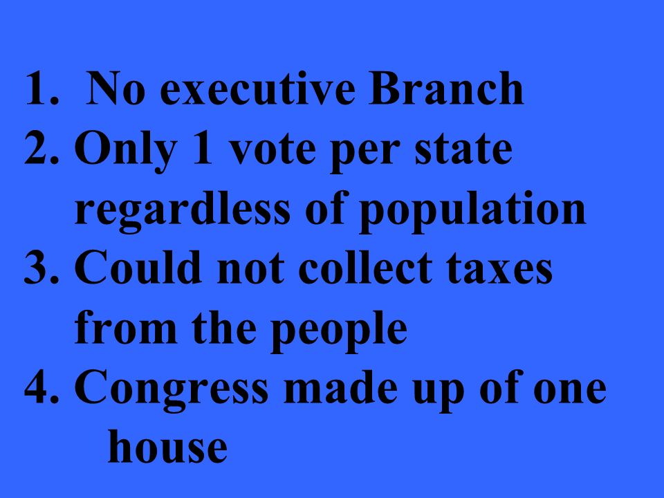 1. No executive Branch 2. Only 1 vote per state regardless of population 3.