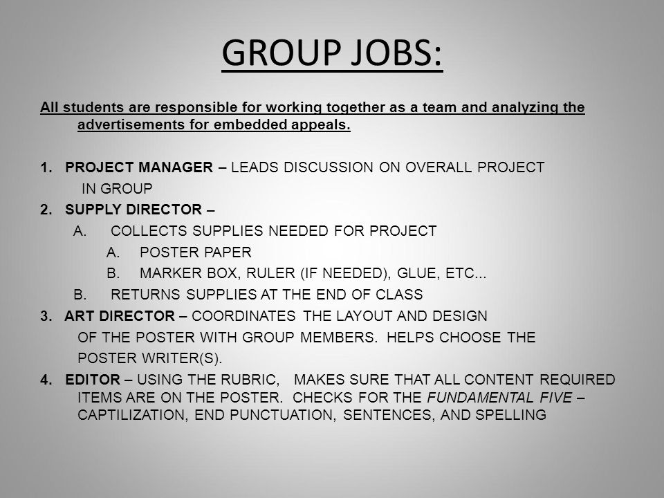 GROUP JOBS: All students are responsible for working together as a team and analyzing the advertisements for embedded appeals.