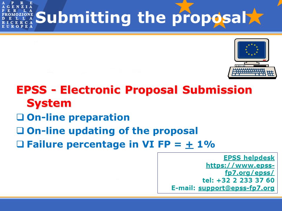 Submitting the proposal EPSS - Electronic Proposal Submission System  On-line preparation  On-line updating of the proposal  Failure percentage in VI FP = + 1% EPSS helpdesk   fp7.org/epss/ tel: