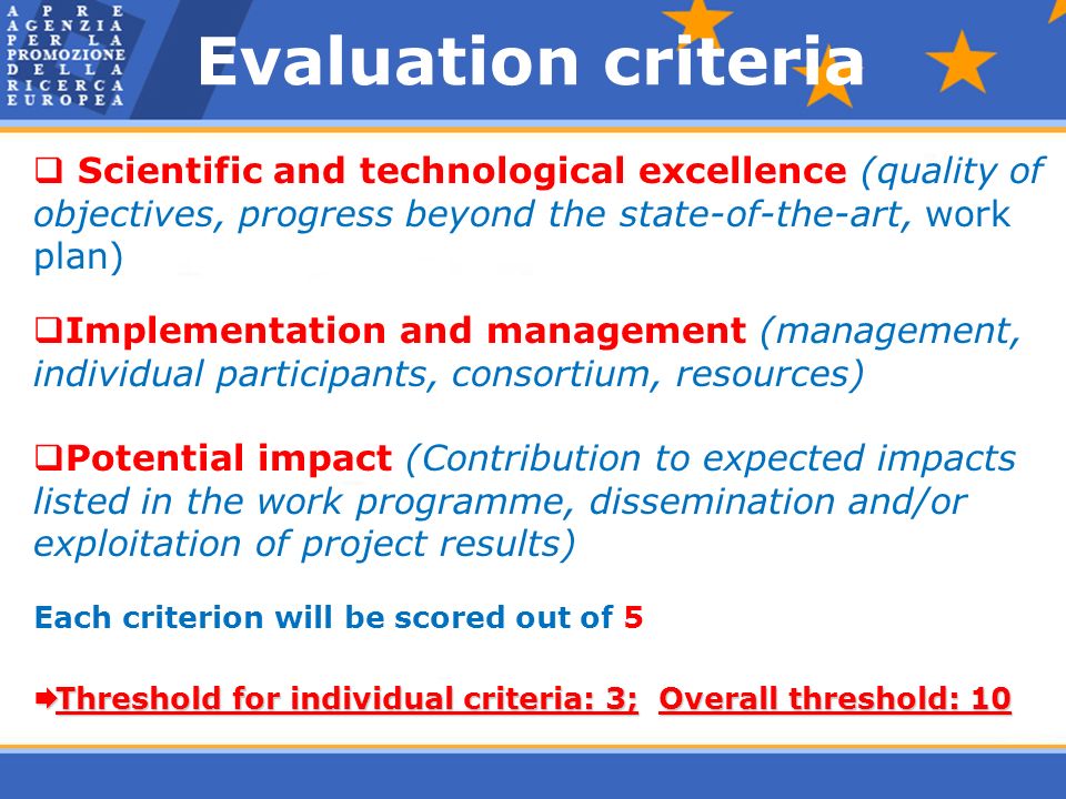 Evaluation criteria  Scientific and technological excellence (quality of objectives, progress beyond the state-of-the-art, work plan)  Implementation and management (management, individual participants, consortium, resources)  Potential impact (Contribution to expected impacts listed in the work programme, dissemination and/or exploitation of project results) Each criterion will be scored out of 5  Threshold for individual criteria: 3; Overall threshold: 10
