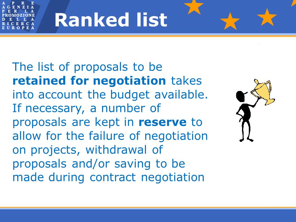 Ranked list The list of proposals to be retained for negotiation takes into account the budget available.