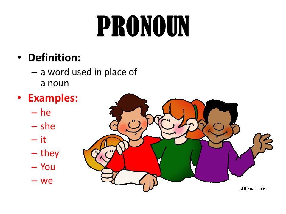 PRONOUN Definition: – a word used in place of a noun Examples: – he – she – it – they – You – we