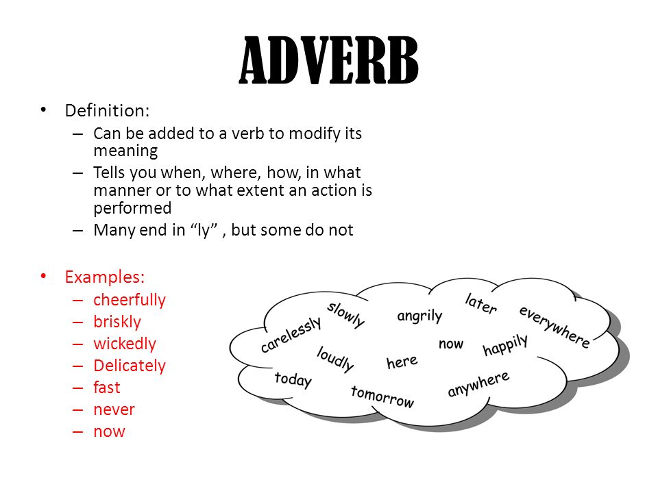 ADVERB Definition: – Can be added to a verb to modify its meaning – Tells you when, where, how, in what manner or to what extent an action is performed – Many end in ly , but some do not Examples: – cheerfully – briskly – wickedly – Delicately – fast – never – now