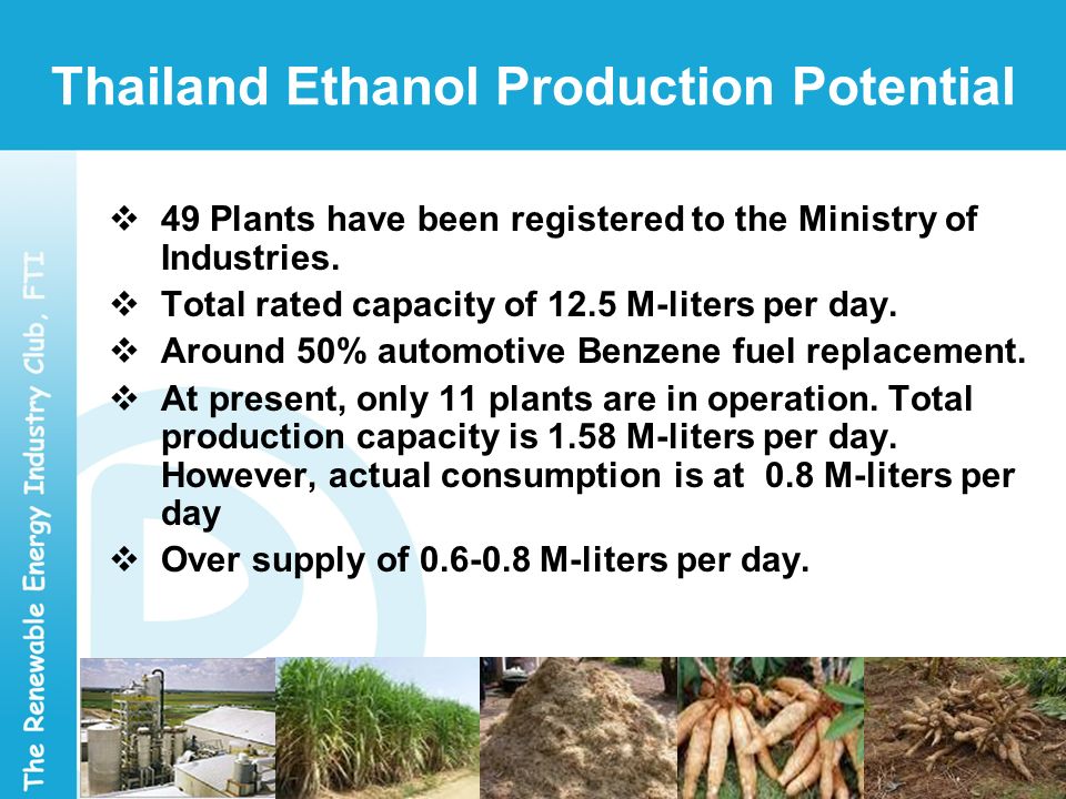 Thailand Ethanol Production Potential  49 Plants have been registered to the Ministry of Industries.