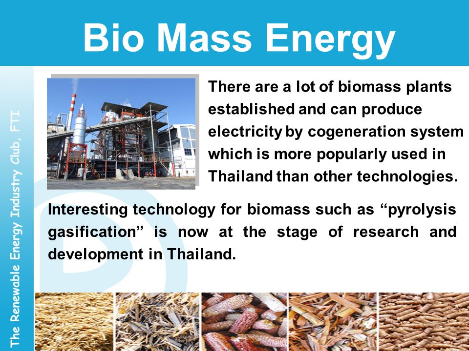 Bio Mass Energy There are a lot of biomass plants established and can produce electricity by cogeneration system which is more popularly used in Thailand than other technologies.