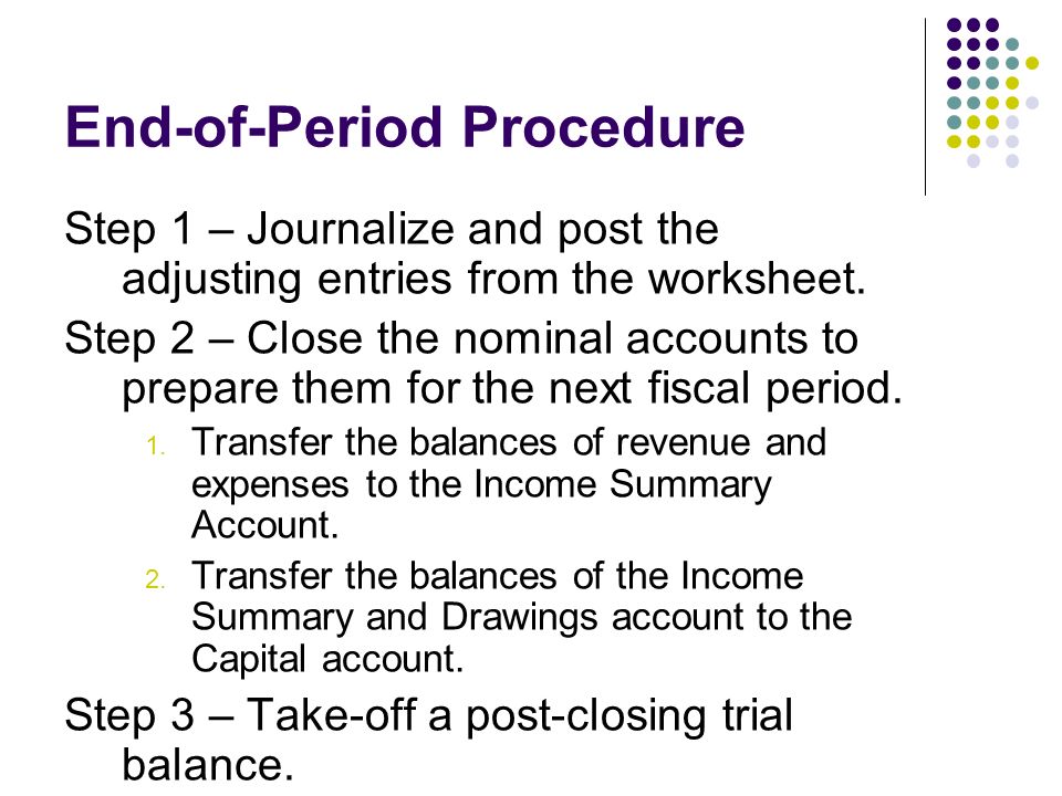 End-of-Period Procedure Step 1 – Journalize and post the adjusting entries from the worksheet.