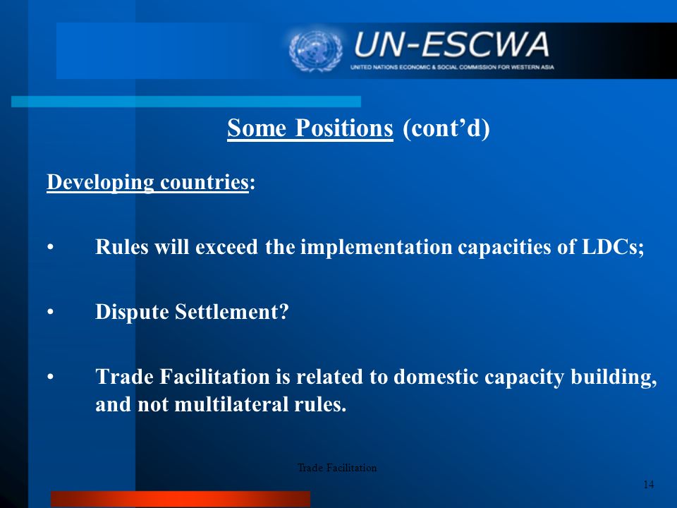 Some Positions (cont’d) Developing countries: Rules will exceed the implementation capacities of LDCs; Dispute Settlement.