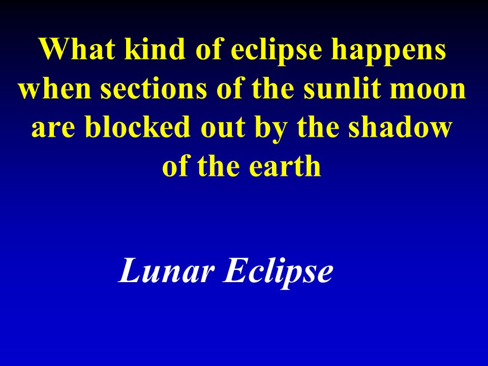 What kind of eclipse happens when sections of the sunlit moon are blocked out by the shadow of the earth Lunar Eclipse