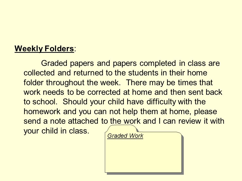 Weekly Folders: Graded papers and papers completed in class are collected and returned to the students in their home folder throughout the week.
