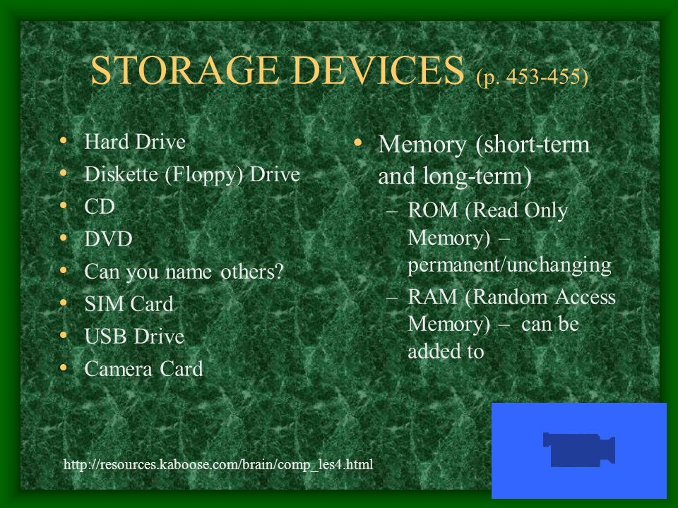 STORAGE DEVICES (p ) Hard Drive Diskette (Floppy) Drive CD DVD Can you name others.