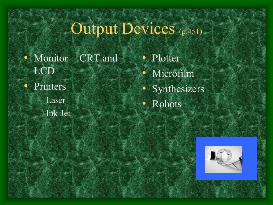 Output Devices (p.451) Monitor – CRT and LCD Printers –Laser –Ink Jet Plotter Microfilm Synthesizers Robots