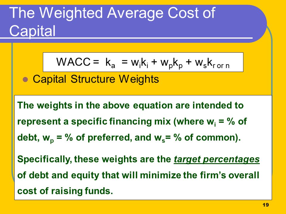 Chapter 9 The Cost Of Capital 2 An Overview 19 Wacc K A W I P S R Or N The Weights In
