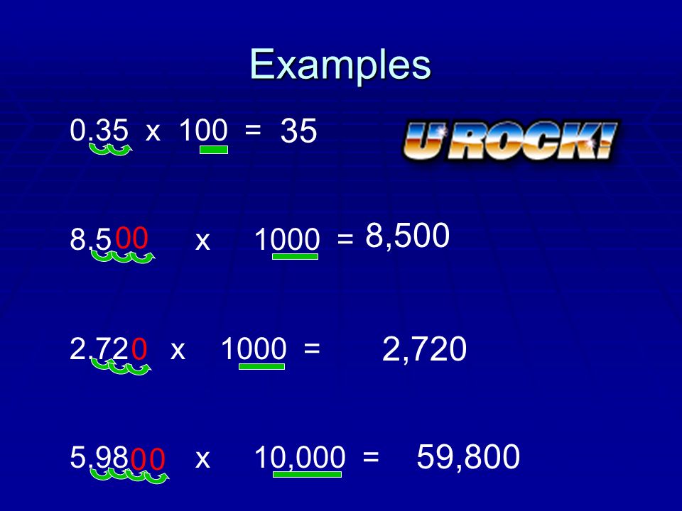 Examples 0.35 x 100 = 8.5 x 1000 = 2.72 x 1000 = 5.98 x 10,000 = 35 8,500 2,720 59,