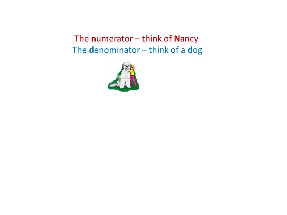 The numerator – think of Nancy The denominator – think of a dog