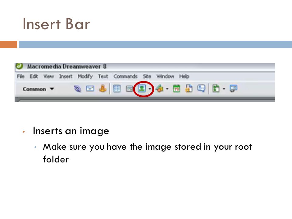 Insert Bar Inserts an image Make sure you have the image stored in your root folder