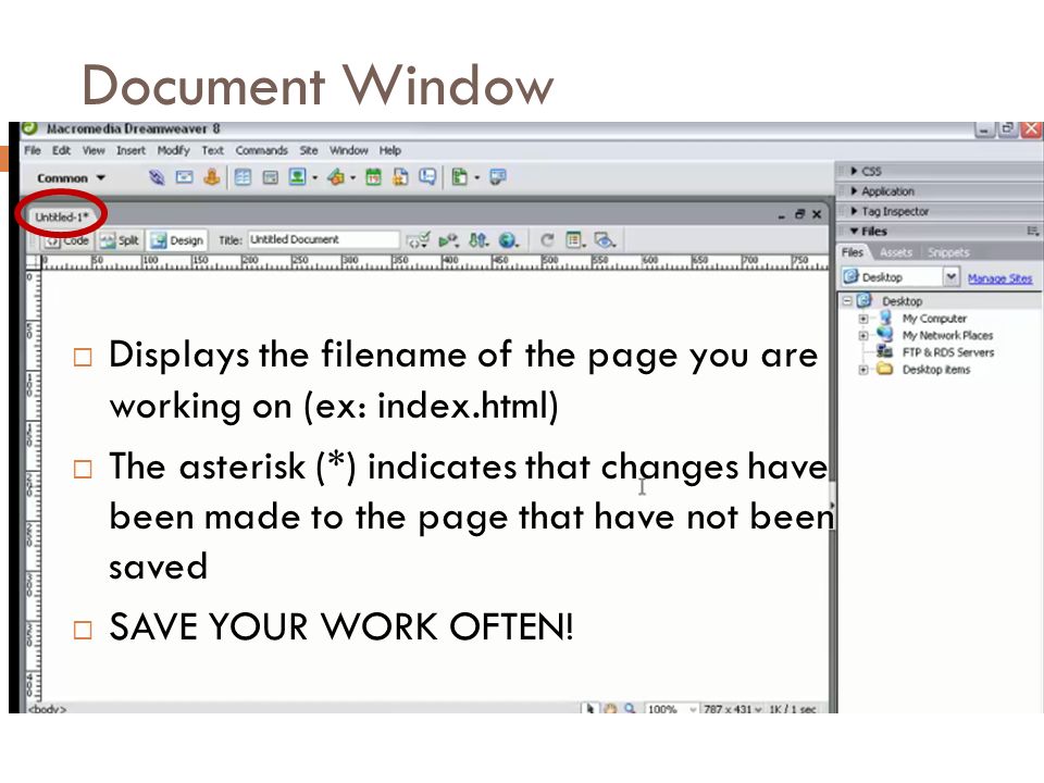 Document Window  Displays the filename of the page you are working on (ex: index.html)  The asterisk (*) indicates that changes have been made to the page that have not been saved  SAVE YOUR WORK OFTEN!
