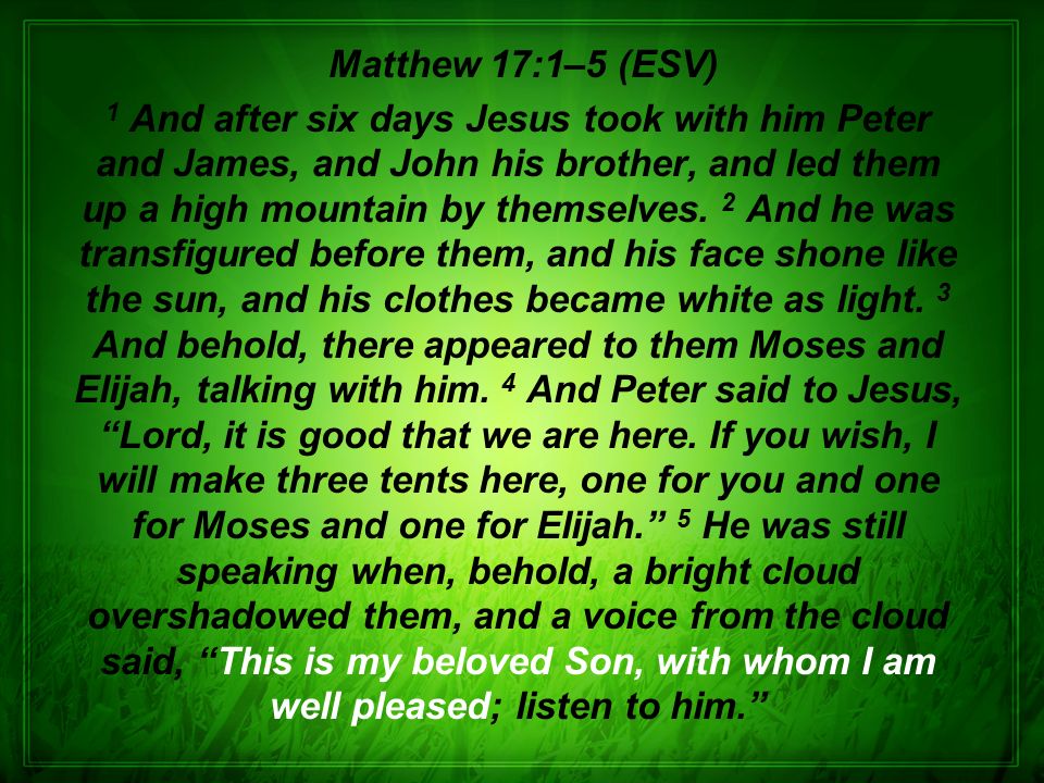 Matthew 17:1–5 (ESV) 1 And after six days Jesus took with him Peter and James, and John his brother, and led them up a high mountain by themselves.