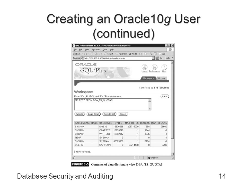 Database Security and Auditing14 Creating an Oracle10g User (continued)