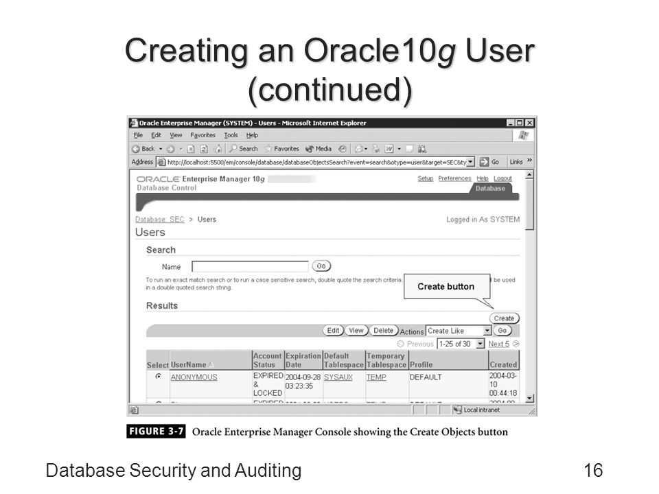 Database Security and Auditing16 Creating an Oracle10g User (continued)