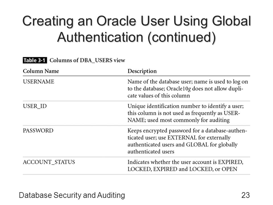 Database Security and Auditing23 Creating an Oracle User Using Global Authentication (continued)
