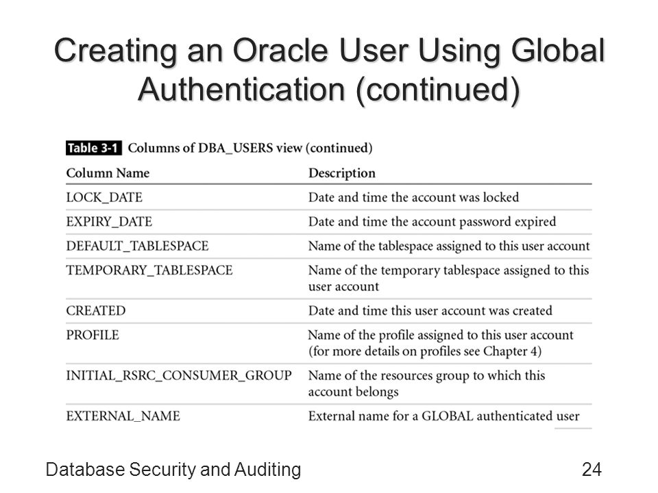 Database Security and Auditing24 Creating an Oracle User Using Global Authentication (continued)