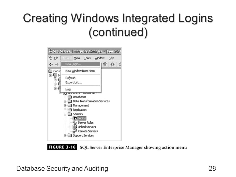 Database Security and Auditing28 Creating Windows Integrated Logins (continued)