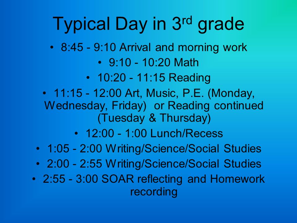 Typical Day in 3 rd grade 8:45 - 9:10 Arrival and morning work 9: :20 Math 10: :15 Reading 11: :00 Art, Music, P.E.
