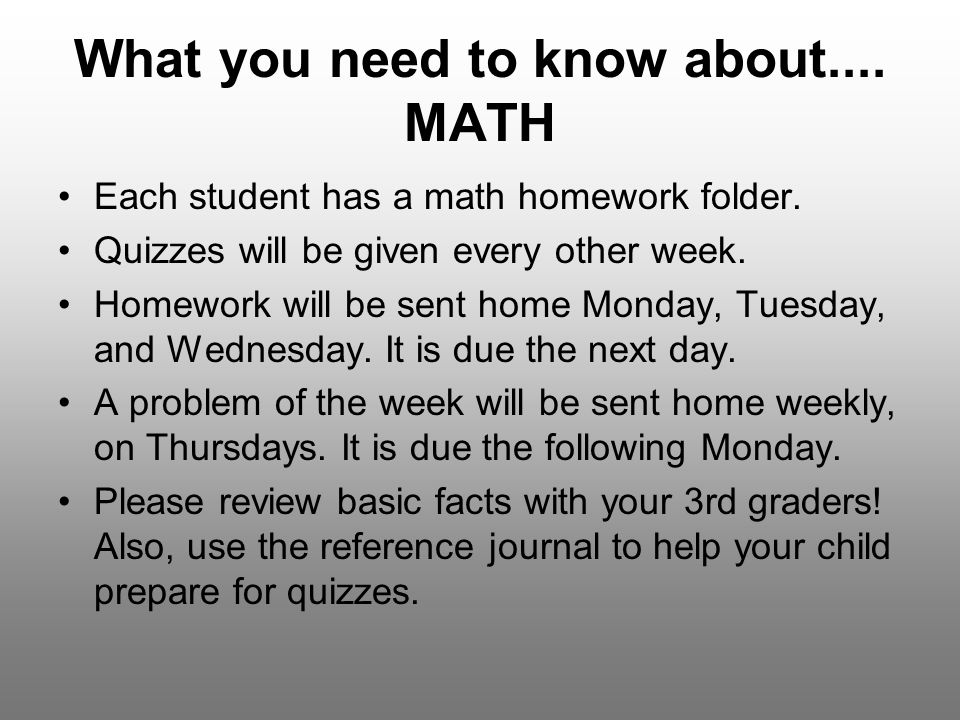 What you need to know about.... MATH Each student has a math homework folder.
