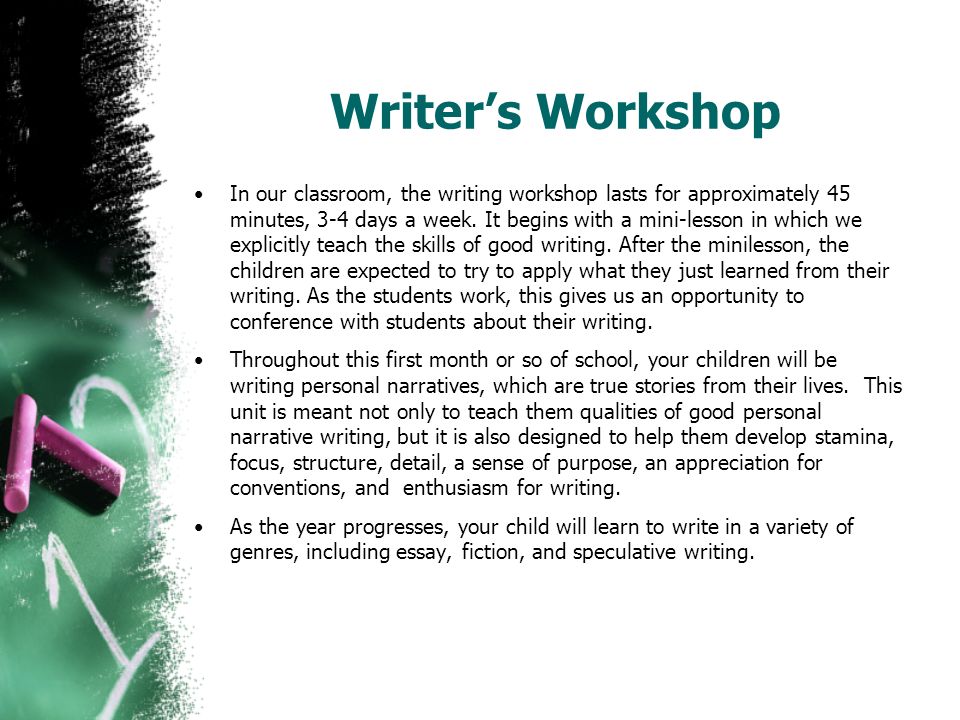 In our classroom, the writing workshop lasts for approximately 45 minutes, 3-4 days a week.