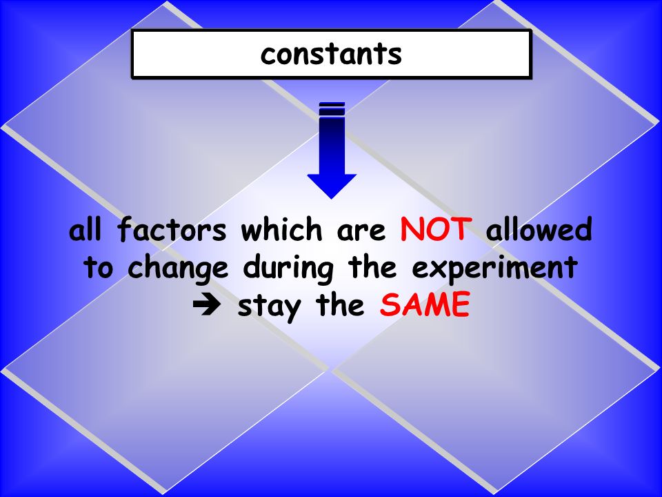 constants all factors which are NOT allowed to change during the experiment  stay the SAME