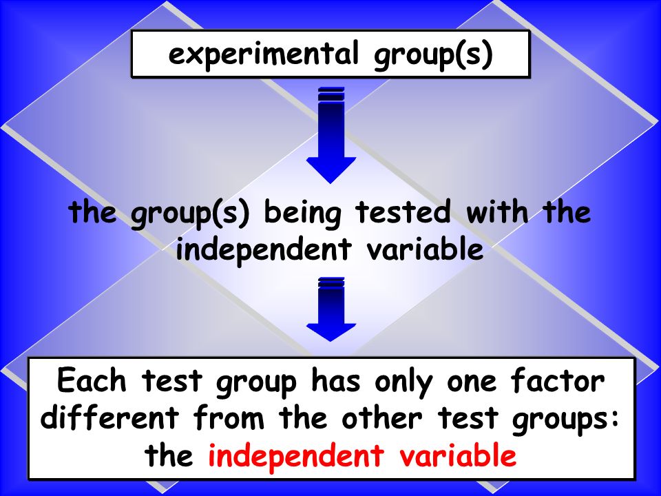 experimental group(s) the group(s) being tested with the independent variable Each test group has only one factor different from the other test groups: the independent variable