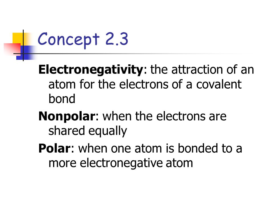 Electronegativity: the attraction of an atom for the electrons of a covalent bond Nonpolar: when the electrons are shared equally Polar: when one atom is bonded to a more electronegative atom